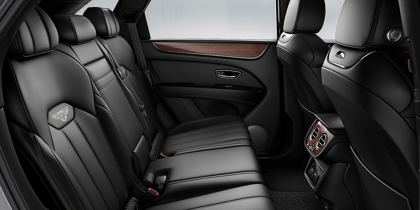 Bentley Guangzhou - Tiyuzhongxin Bentey Bentayga interior view for rear passengers with Beluga black hide.